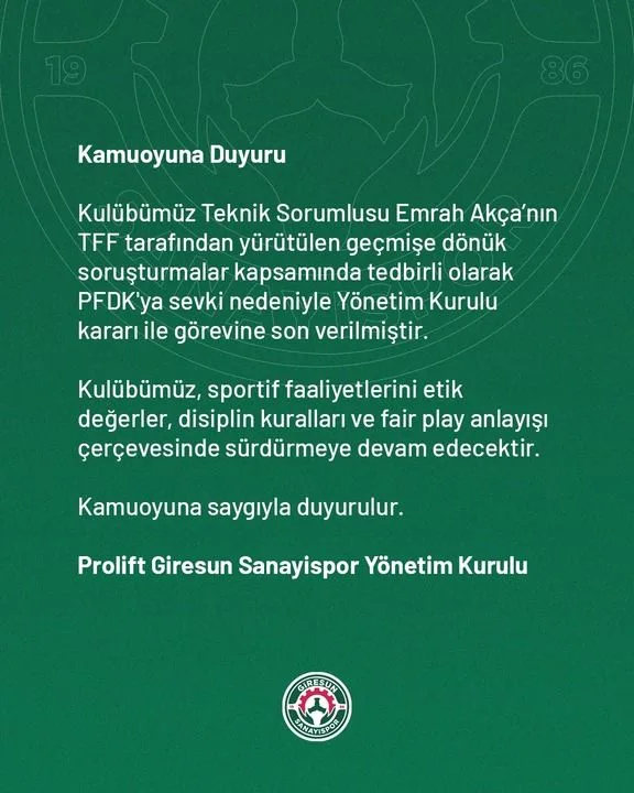 Giresun Sanayispor'da Emrah Akça'nın akıbeti belli oldu Giresun Sanayispor'da Emrah Akça'nın akıbeti belli oldu