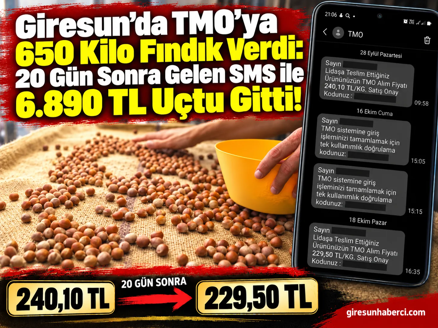 Toprak Mahsulleri Ofisi'ne (TMO) 650 kilogram fındık teslim eden üreticinin